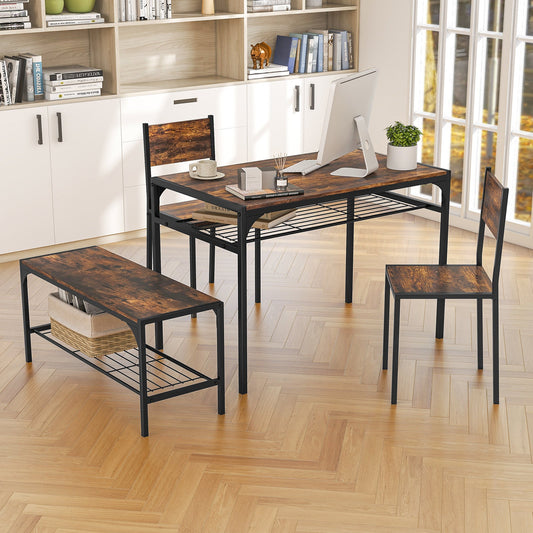 Industrial Style Rectangular Kitchen Table with Bench and Chairs-Rustic Brown in modern dining room setting