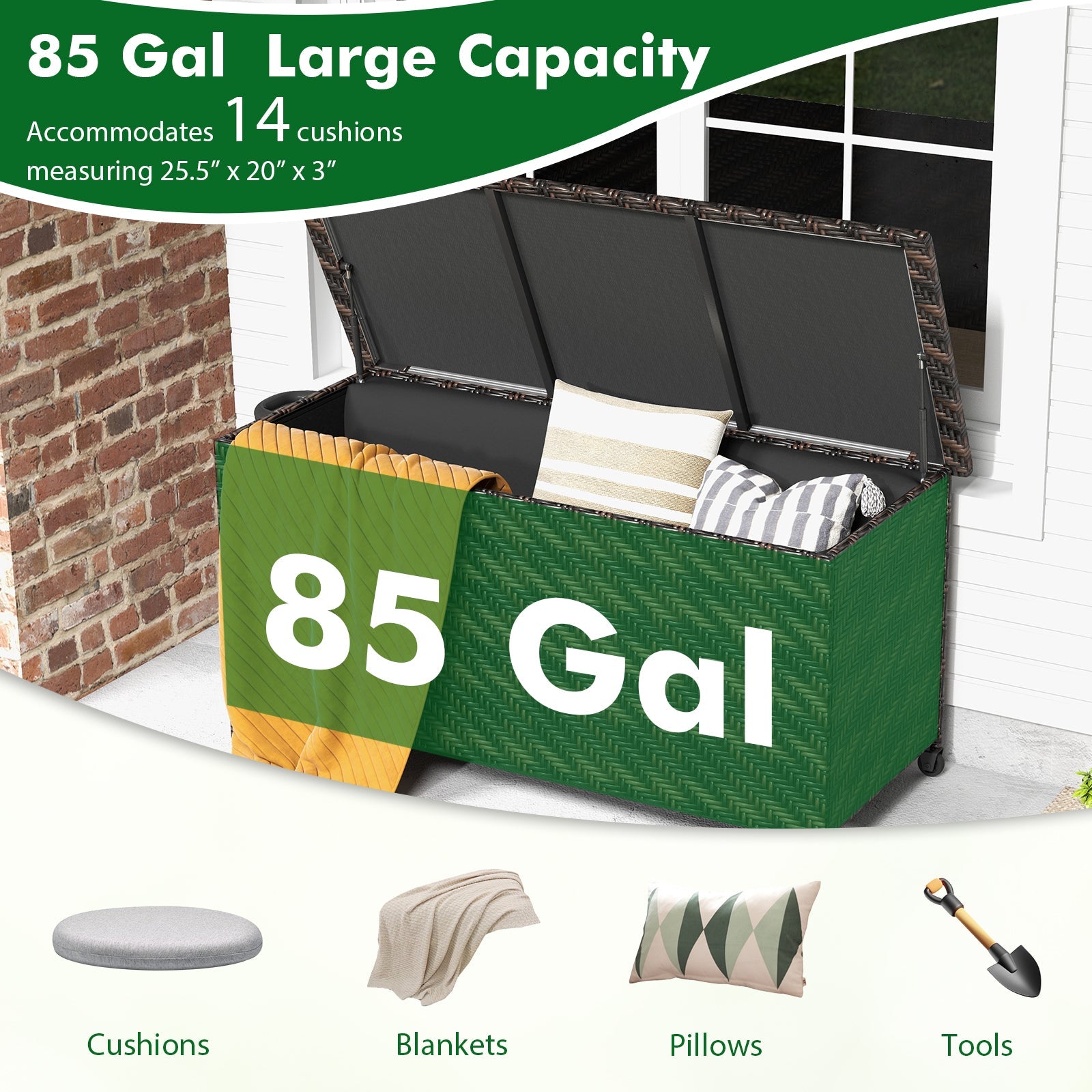 85 Gallon Outdoor Storage Box with Removable Liner and Universal Wheels-Brown, open with pillows and blankets, 85 gal capacity