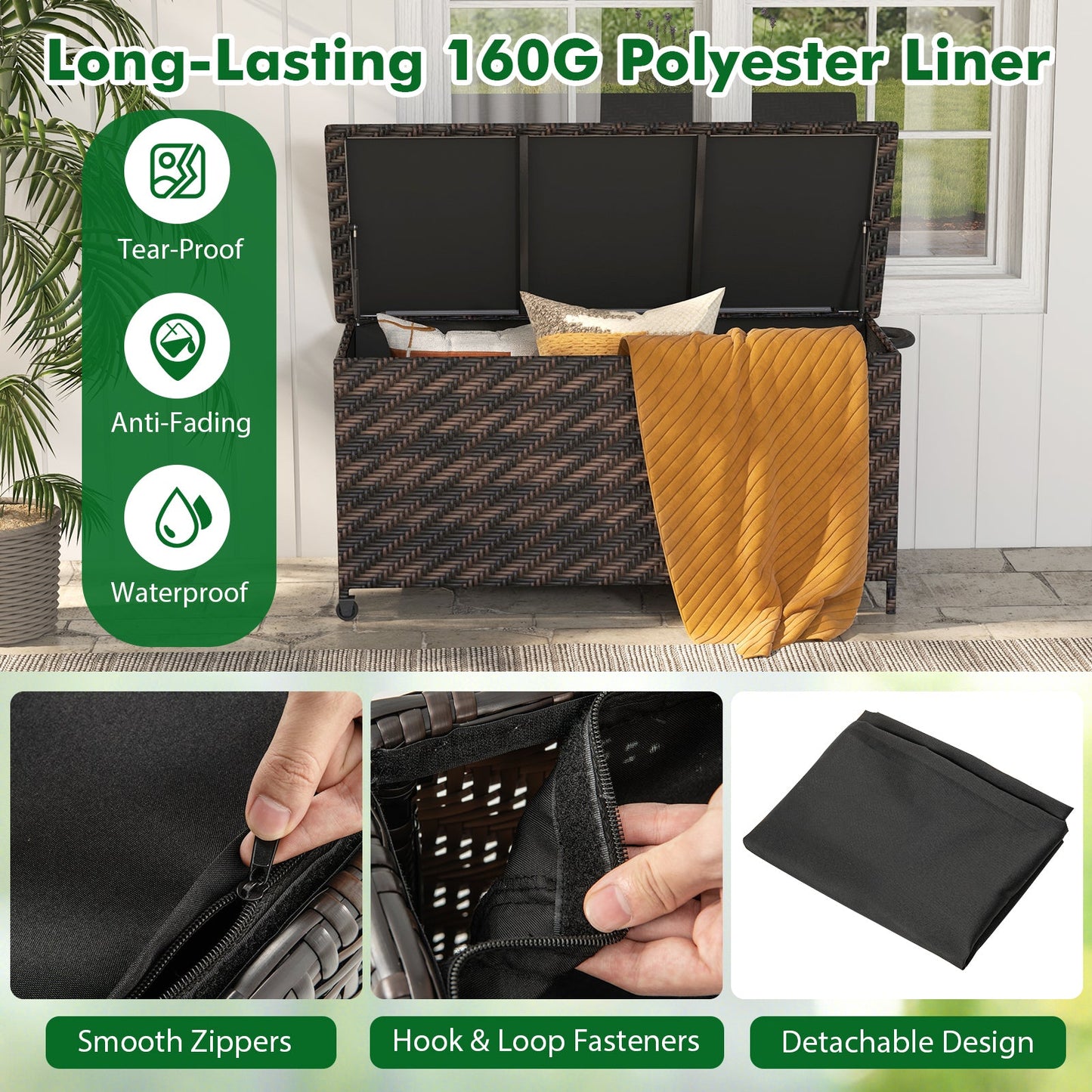 85 Gallon Outdoor Storage Box with Removable Liner and Universal Wheels-Brown showcasing waterproof 160g polyester liner features