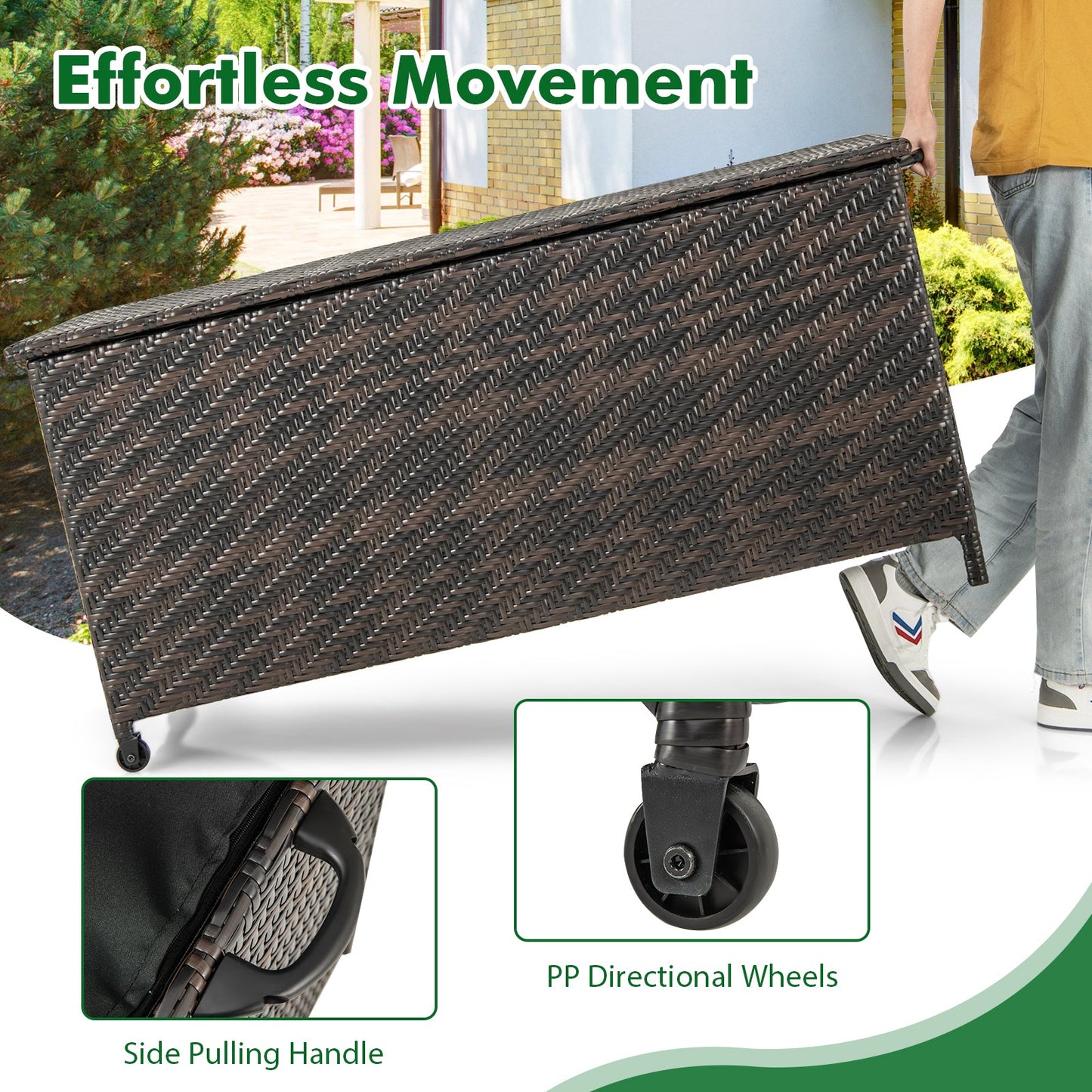 85 Gallon Outdoor Storage Box with Removable Liner and Universal Wheels-Brown featuring rattan design and directional wheels