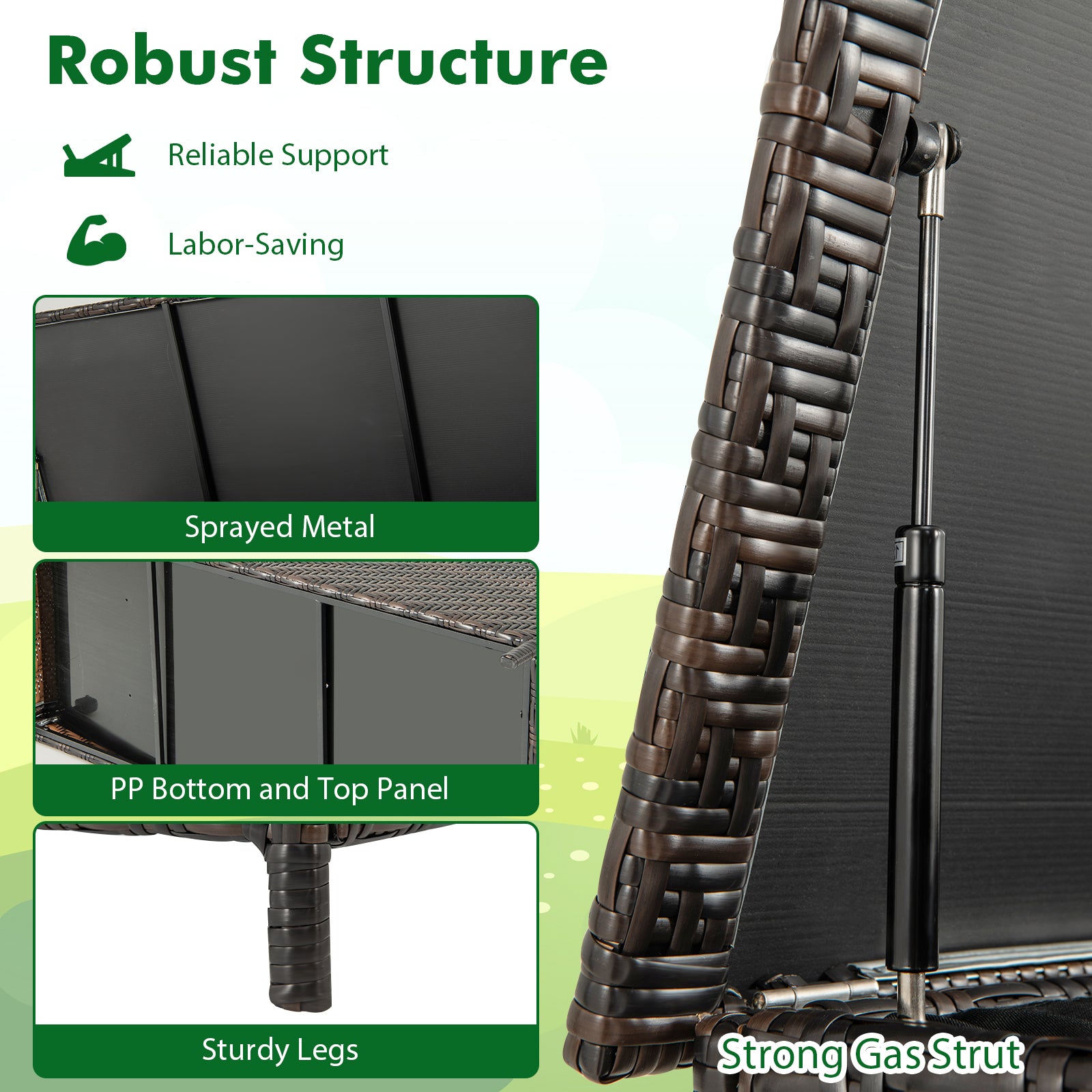 Close-up of 85 Gallon Outdoor Storage Box with Removable Liner and Universal Wheels-Brown, highlighting robust structure and gas strut