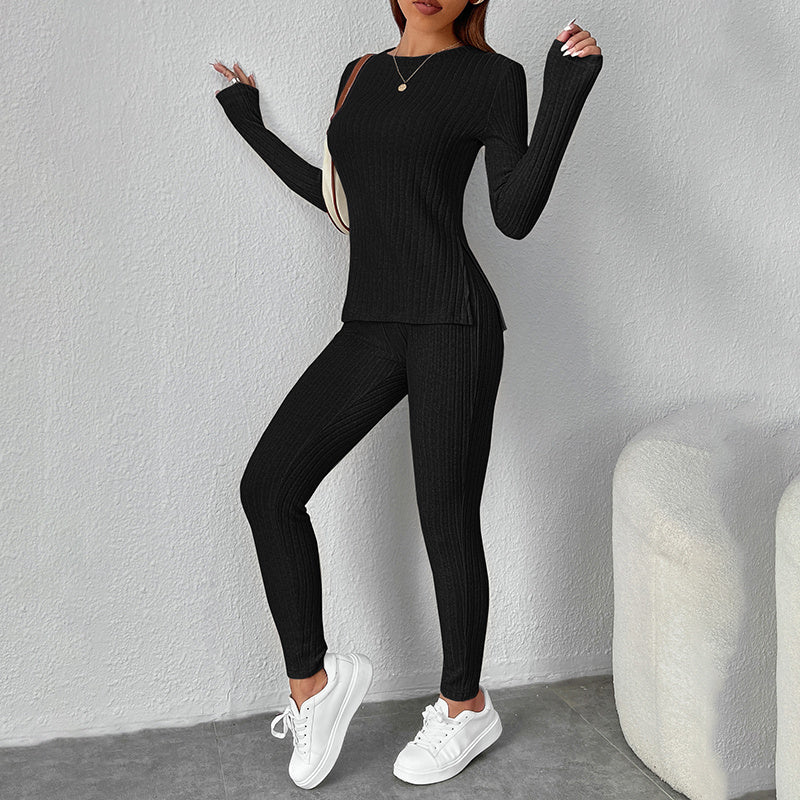 Women’s Ribbed Knit Long‑Sleeve Tee & Pants Lounge Set
