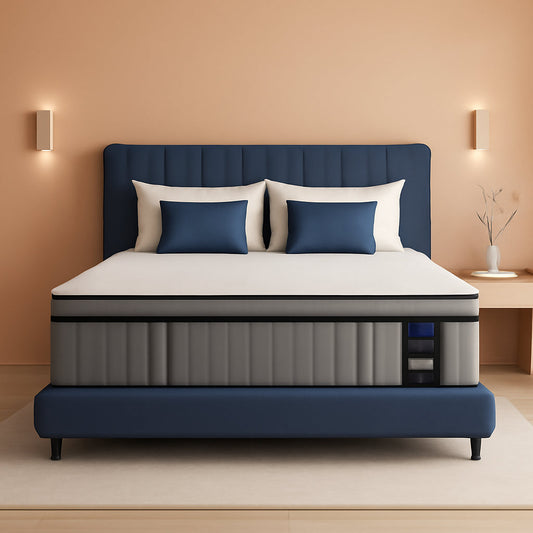 King Size Gel Memory Foam Pocket Spring Hybrid Mattress on modern bed frame in stylish bedroom setting