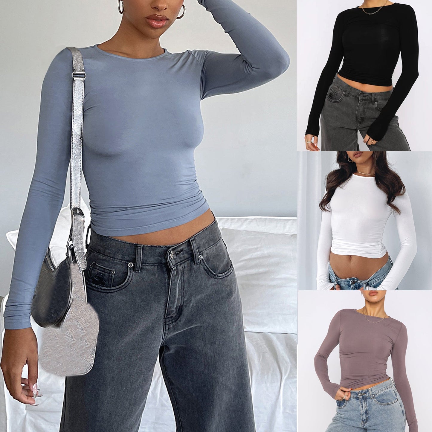 Slim Fit Long Sleeve Shirt | Women's Casual Crop Tops featuring various color options, highlighting stylish and comfortable fashion.