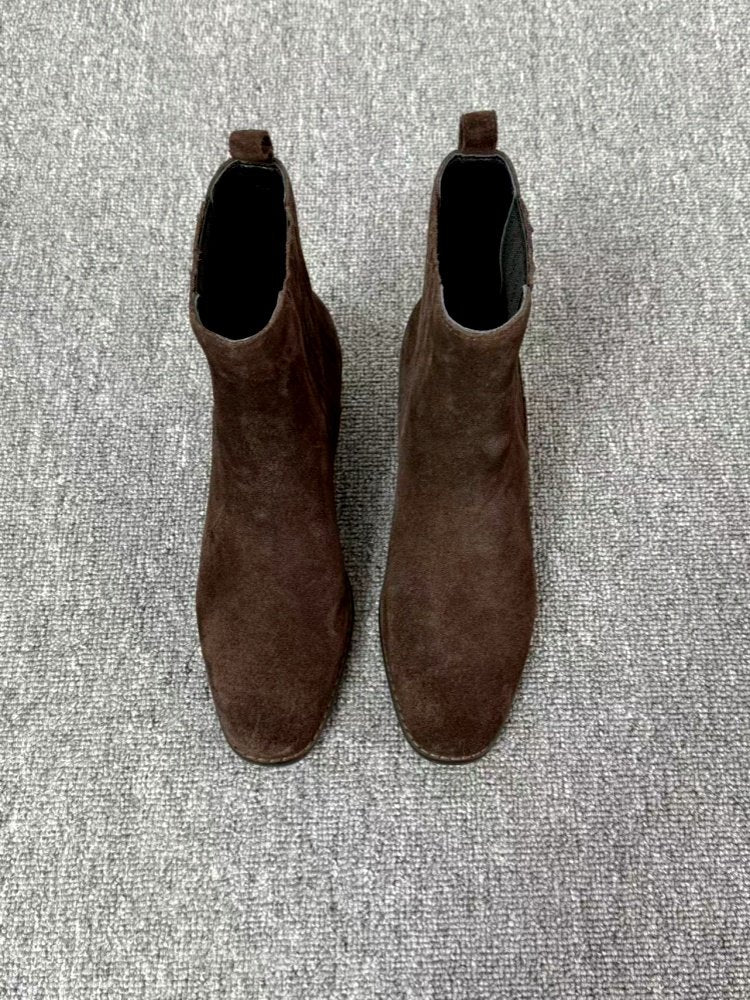 Brown suede Women's Retro Square-Toe Mid-Heel Chunky Leather Boots on grey carpet