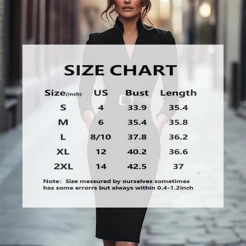 Size chart for Women's Black Bodycon Midi Dress showing sizes S to 2XL with US, bust, and length measurements.