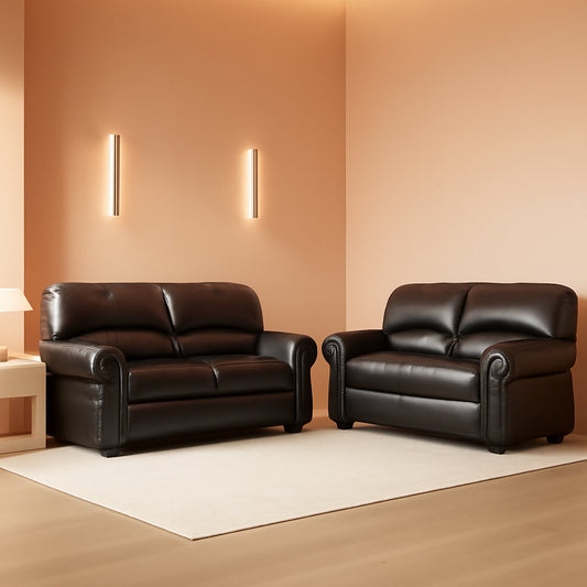 Dark Brown Top Grain Leather Sofa Set With Loveseat in a modern living room setting.