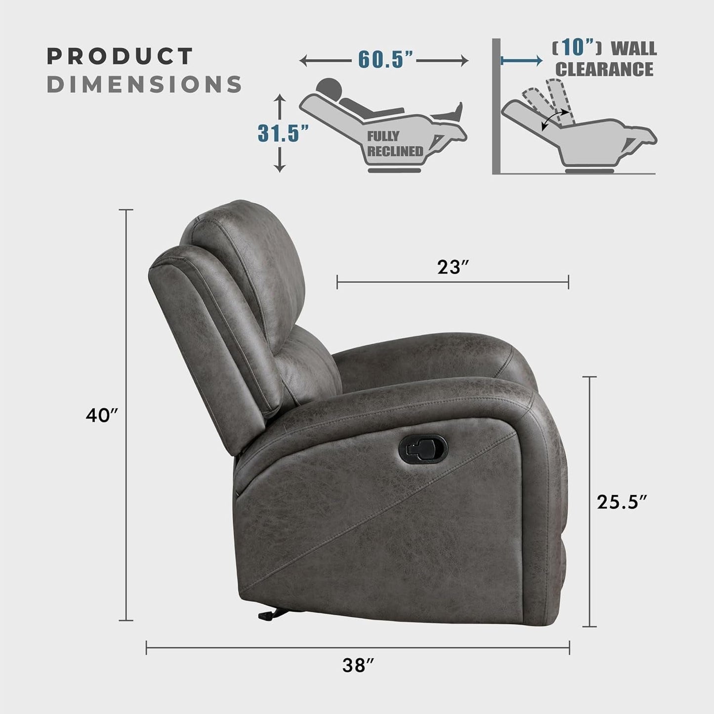 Grey Rocker Recliner Chair With Manual Recline Living Room showing dimensions and wall clearance