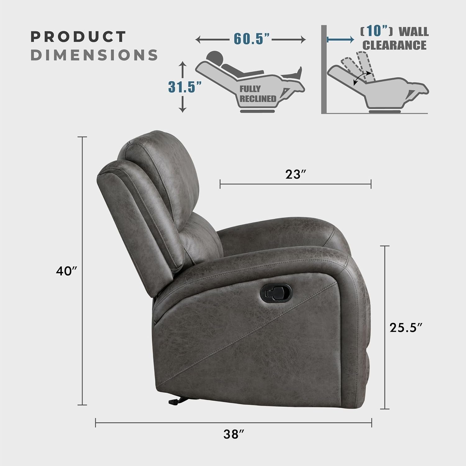 Grey Rocker Recliner Chair With Manual Recline Living Room showing dimensions and wall clearance