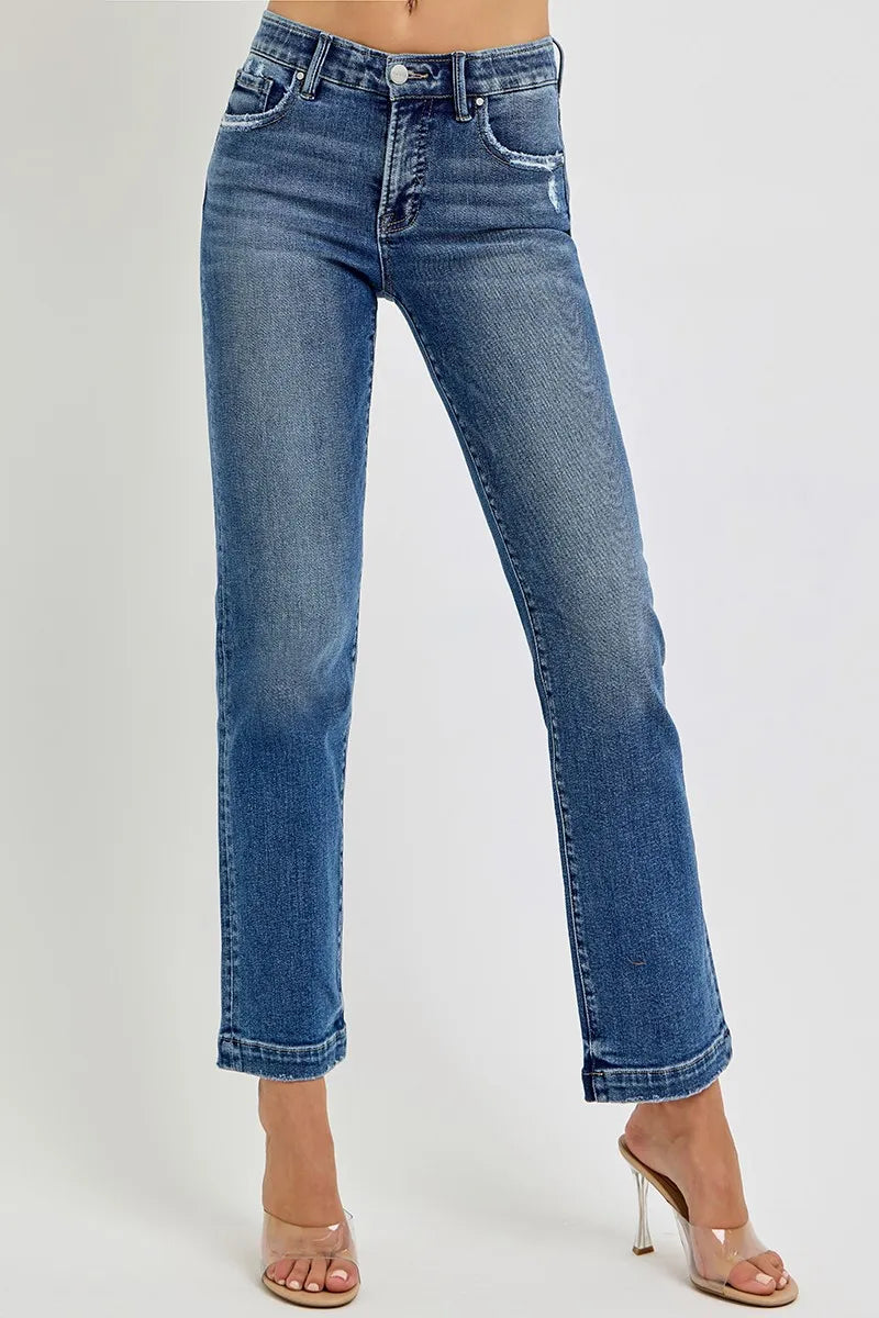 RISEN Full Size Tummy Control Elastic Band Mid Rise Straight Jeans Plus Size