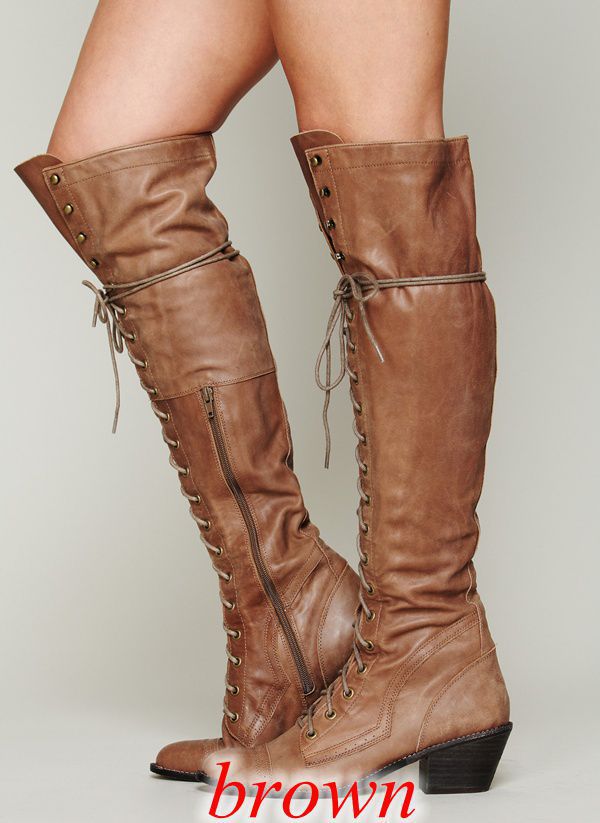 Brown Women’s Over-the-Knee Boots – Round Toe Stylish Tall Winter Boots with laces and side zipper