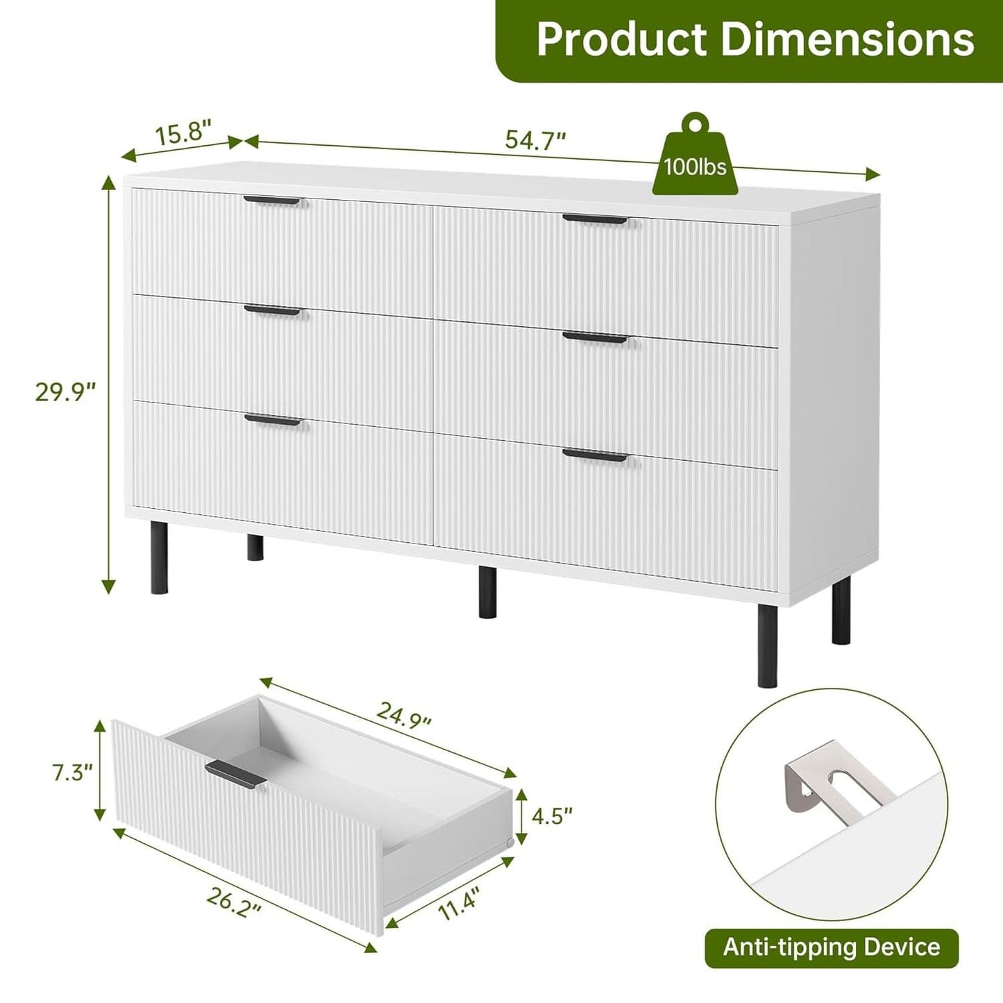 White Fluted Contemporary Dresser With Stainless Legs