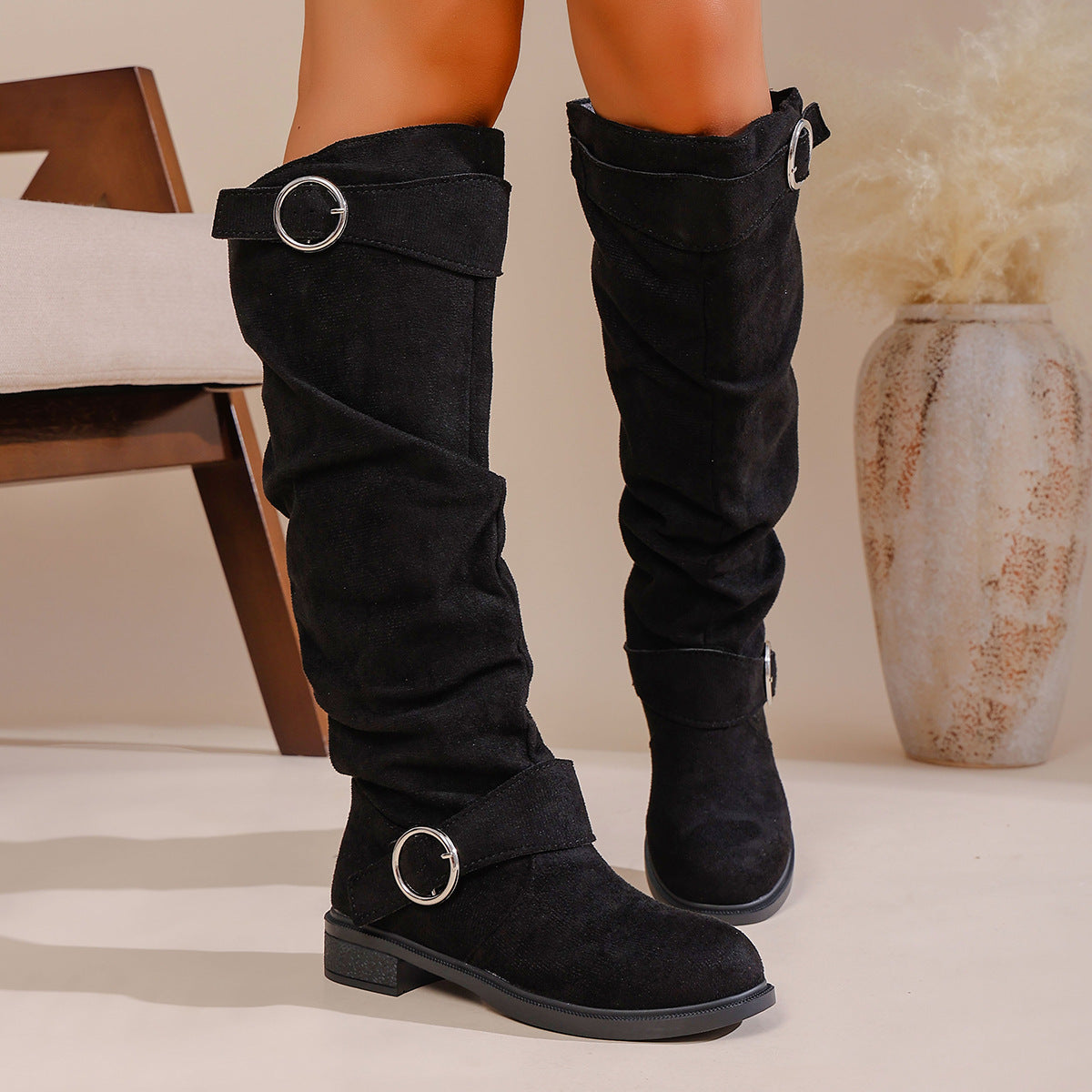 Pleated Flat-Bottom Western Cowboy Boots with Belt Buckle - black wool boots with pleated texture and decorative buckles.