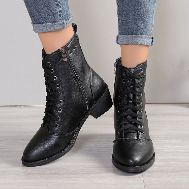 British Style High-Top Zipper Leather Boots — Women’s Trend Fashion Boots on model with jeans