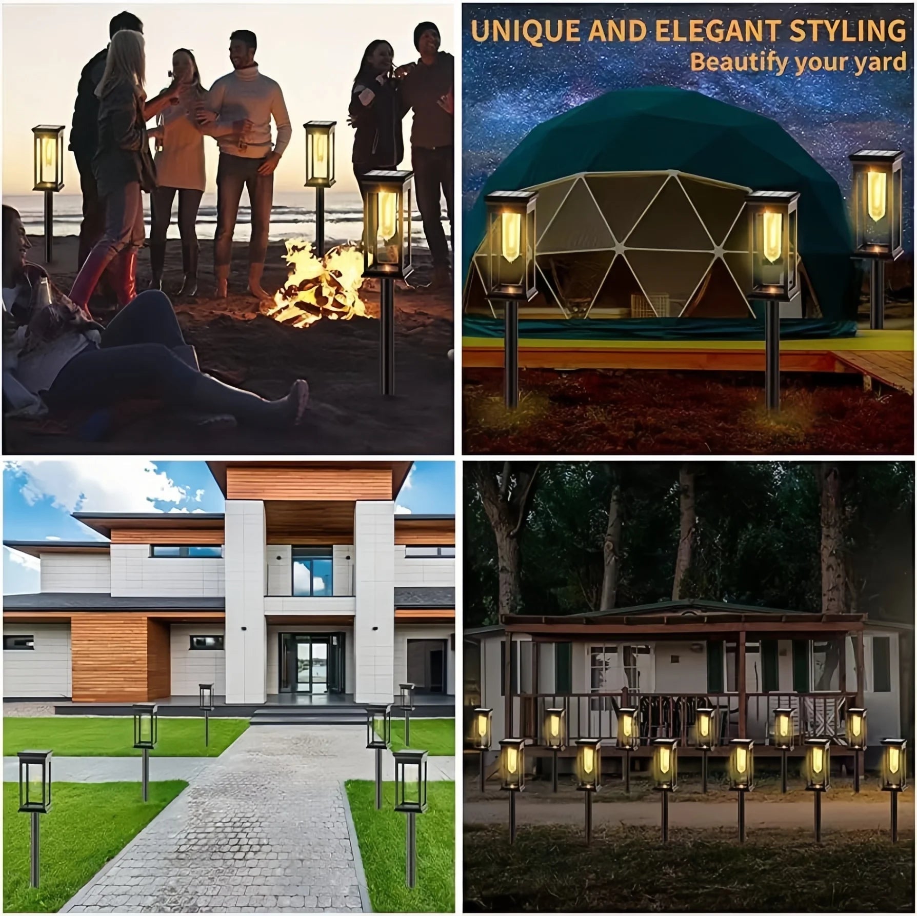 ☀️ Kidsjoy Solar Pathway Lights – 6 Pack illuminating various outdoor settings with warm white LED light in a stylish lantern design.
