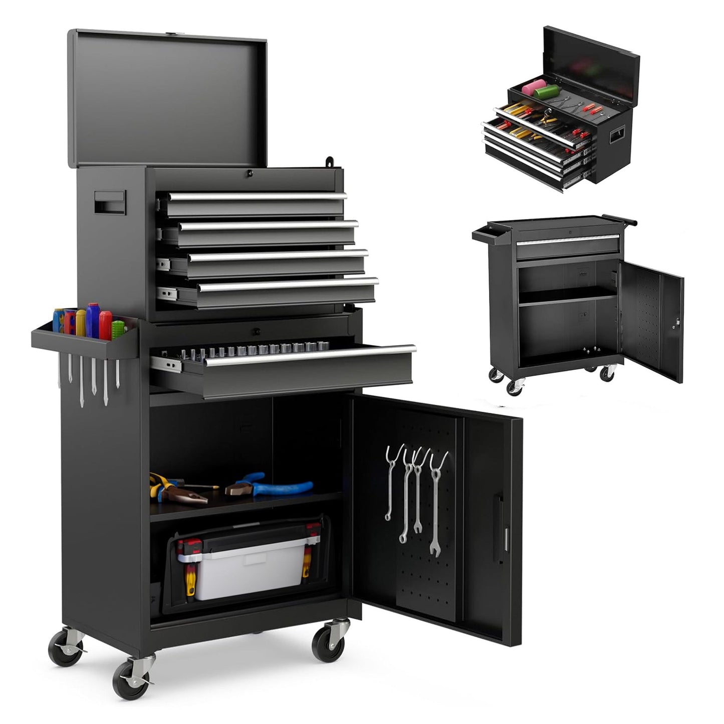 Tool Chest, 5-Drawer Rolling Tool Storage Cabinet with Detachable Top Tool Box, Liner, Universal Lockable Wheels, Adjustable Shelf, Locking Mechanism, Metal Tool Cart ,154pcs tools