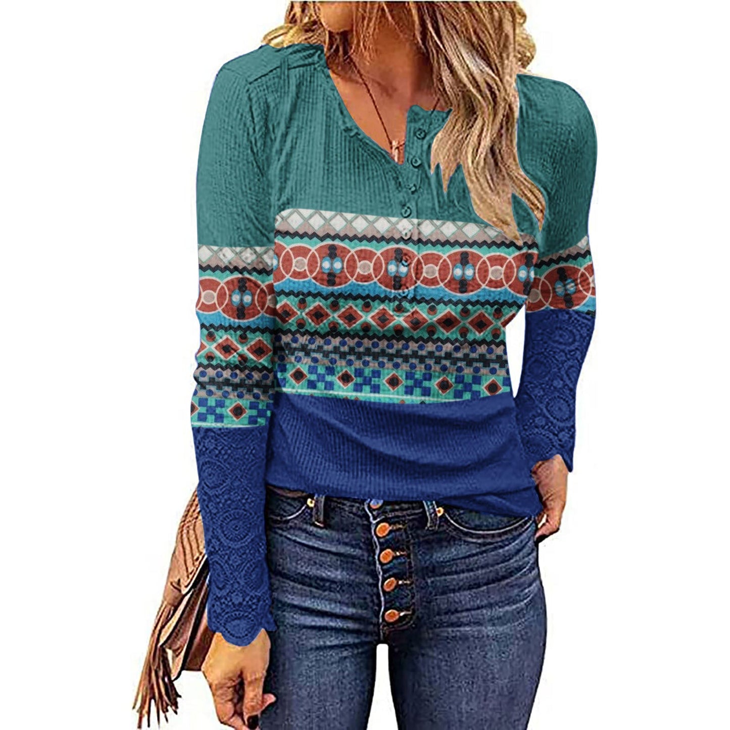 Woman wearing Desert Sunset Cowgirl Knit Top with geometric patterns and V-neck style, showcasing western flair.