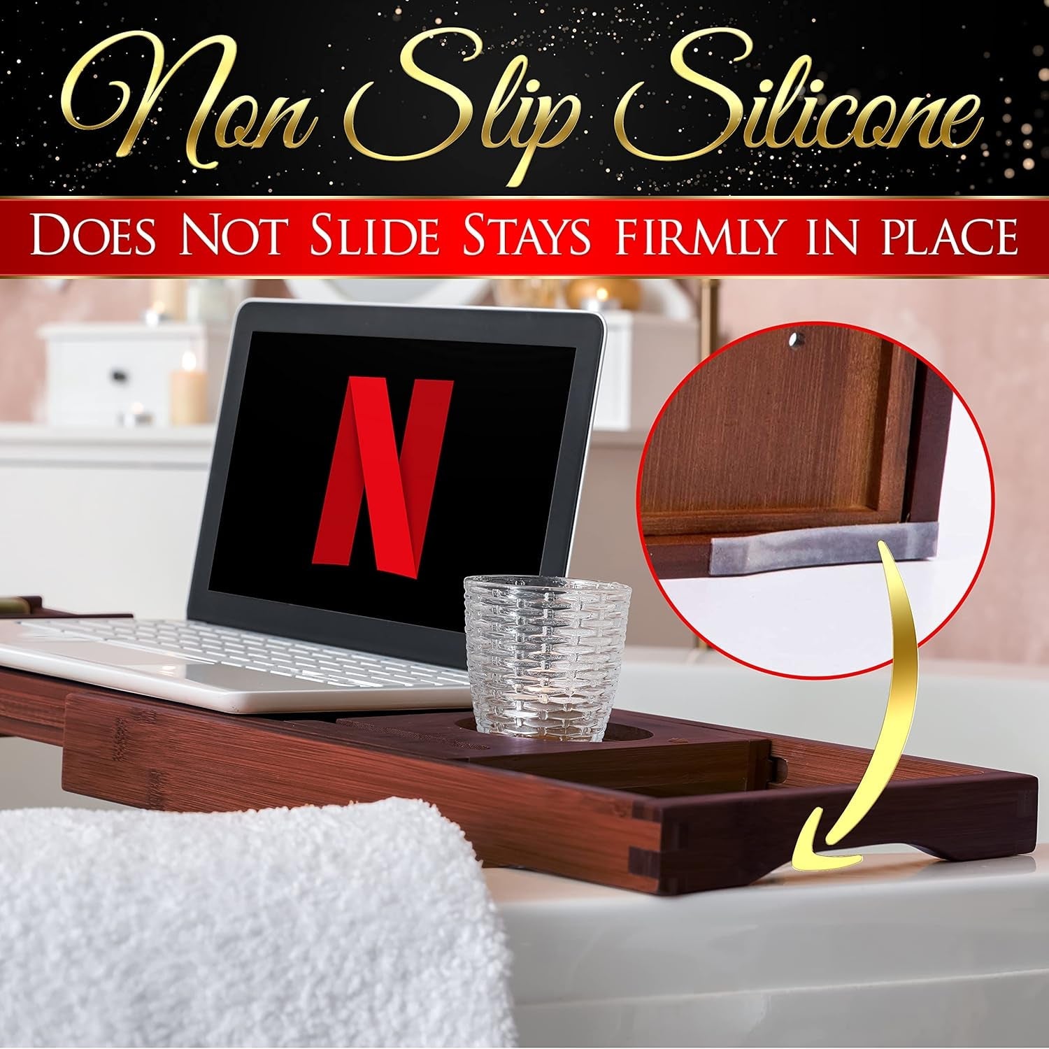 Bamboo Bathtub Caddy Tray – Expandable Waterproof Bath Tray with Wine Glass Holder, Tablet Stand & Removable Accessory Slots