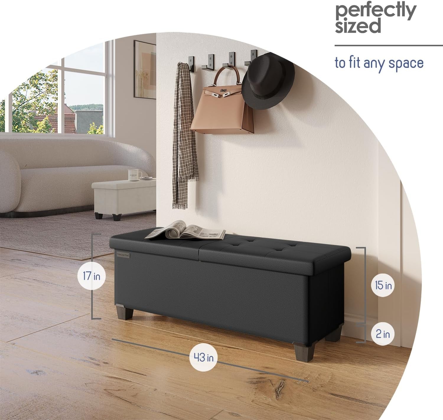 Black Forty ThreeInch Premium Multifunctional Storage Ottoman Bench in a room setting, perfect for elegant and practical organization.