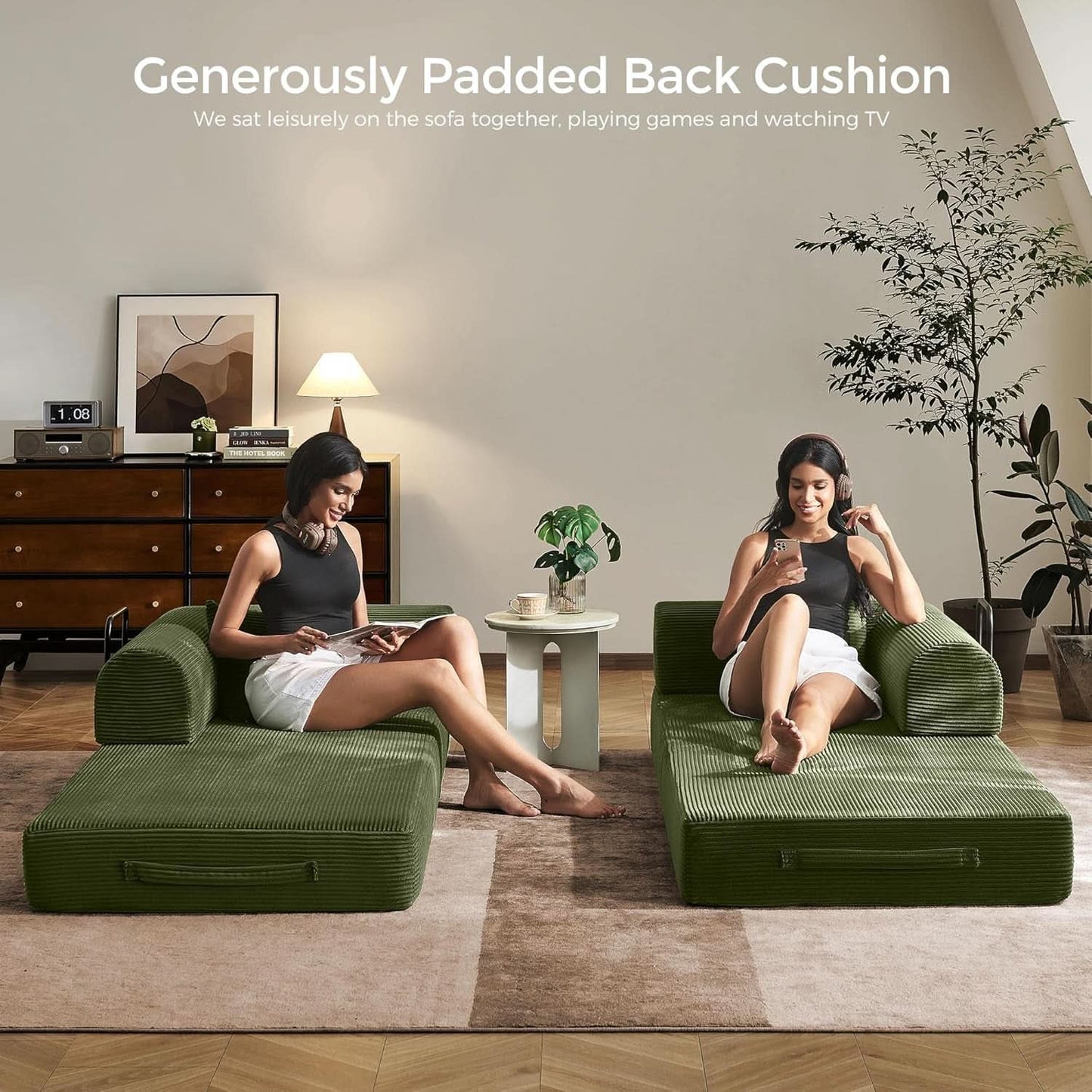 Green Convertible Sofa Bed With Removable Armrests