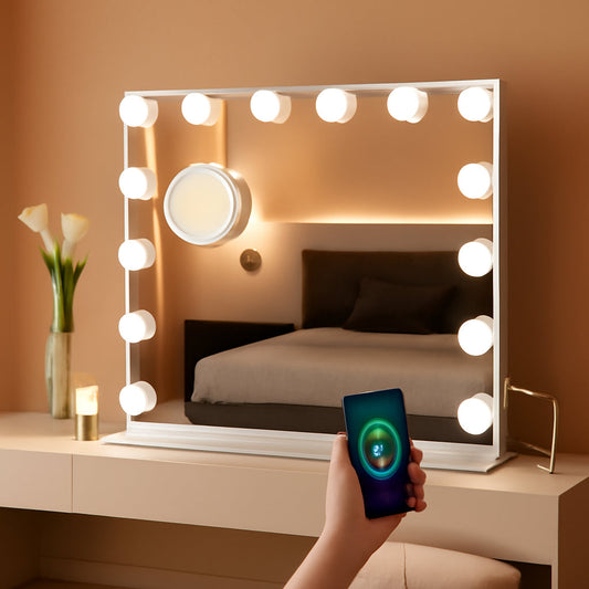 Vanity Mirror With Lights 22.8 By 18 Inch Three Color Modes on a desk in bedroom setting, featuring 15 LED bulbs for professional lighting.