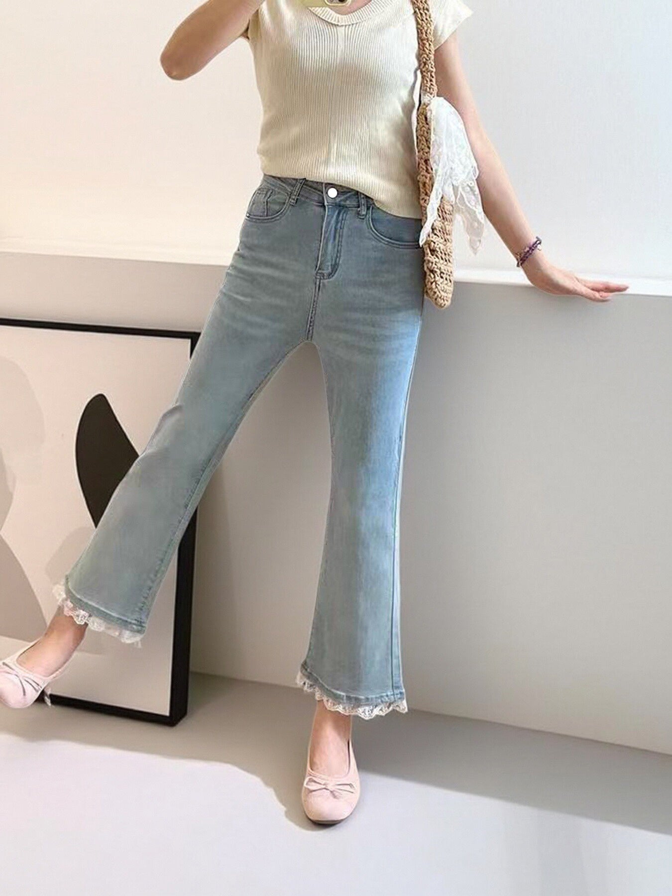 Light Blue Micro-Flare Lace Stretch Jeans for Women with lace details and micro-flare hem, perfect for casual and chic outfits.