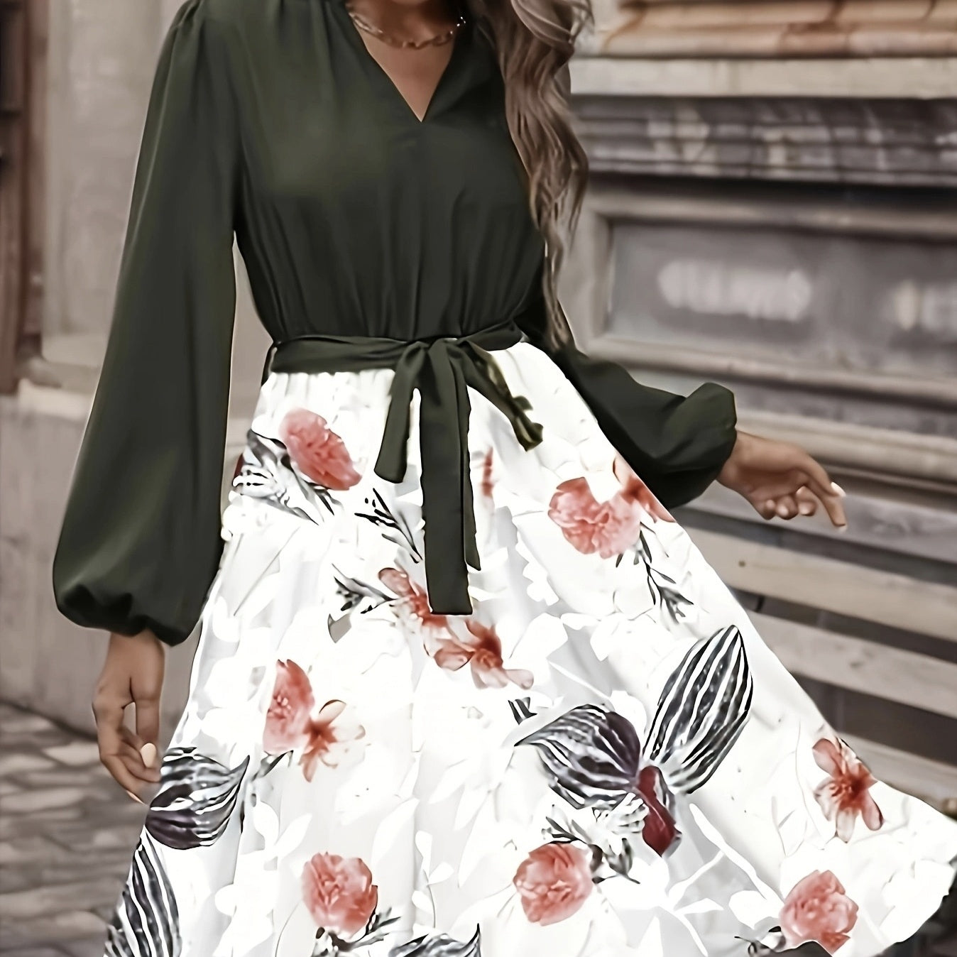 Ladies' Fashion Printed V-neck Waist Strap Casual Dress, long sleeves, floral pattern, polyester, summertime attire