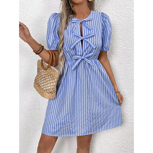 Women’s Striped Tie-Front Puff Sleeve Mini Dress