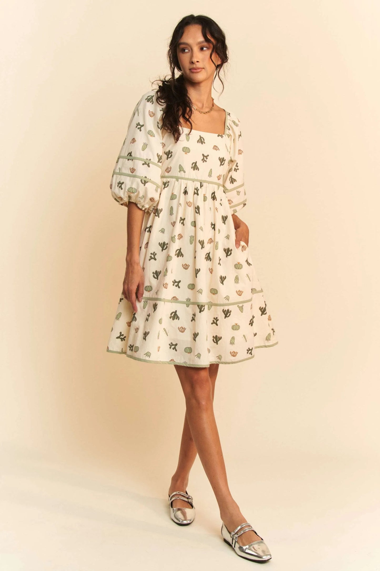 Davi & Dani Cactus Printed Poplin Contrast Piping Mini Dress