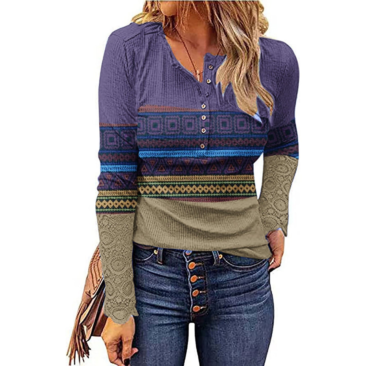Woman wearing Desert Sunset Cowgirl Knit Top with geometric patterns and V-neck, showcasing boho western style.