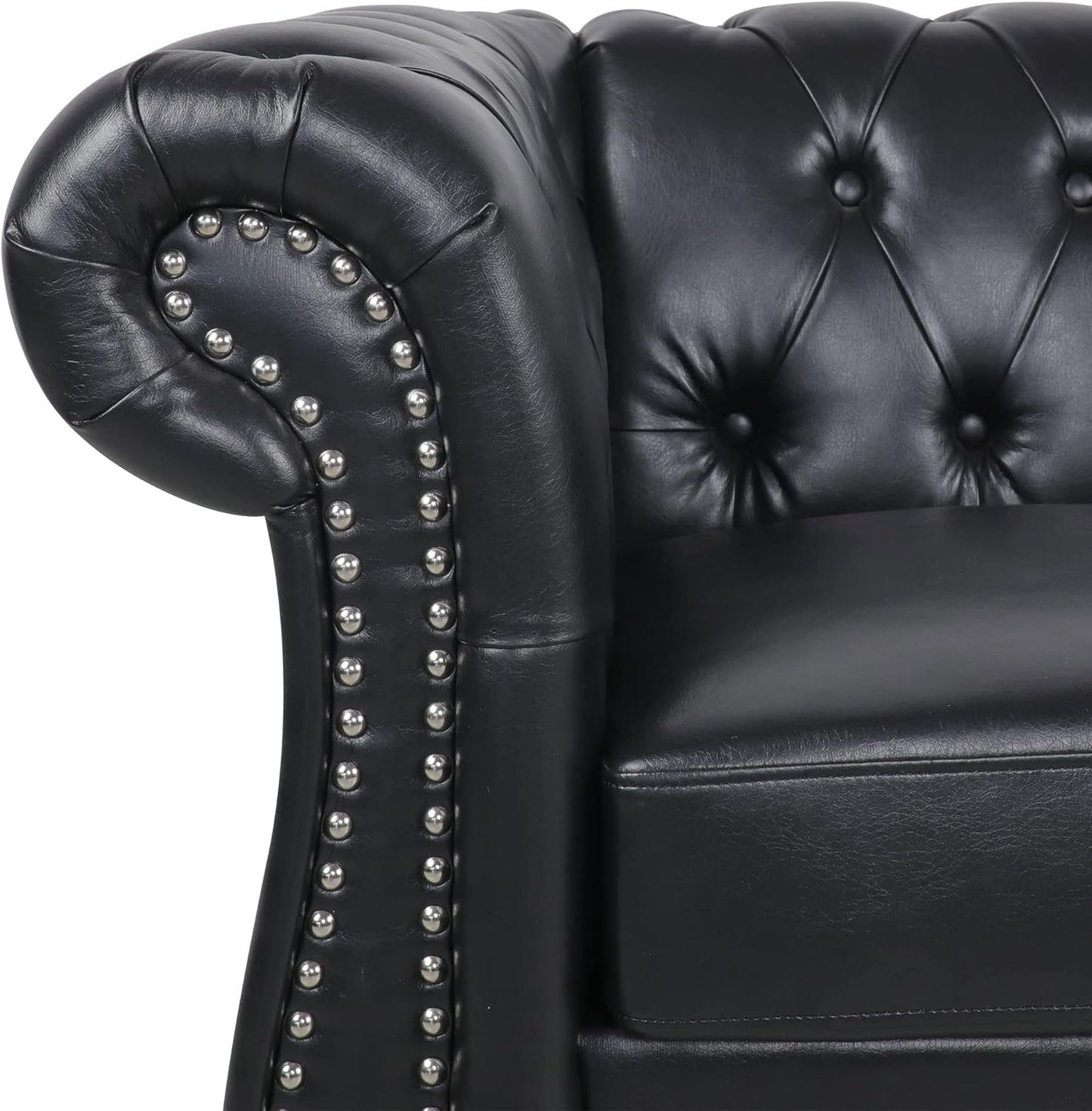 Close-up of Modern Black Faux Leather Tufted Sofa and Chair Set with studded detailing.
