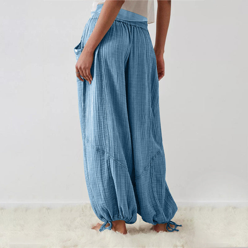 Women’s Solid Color Wide Leg Pants – Elastic Drawstring Waist and Side Pockets