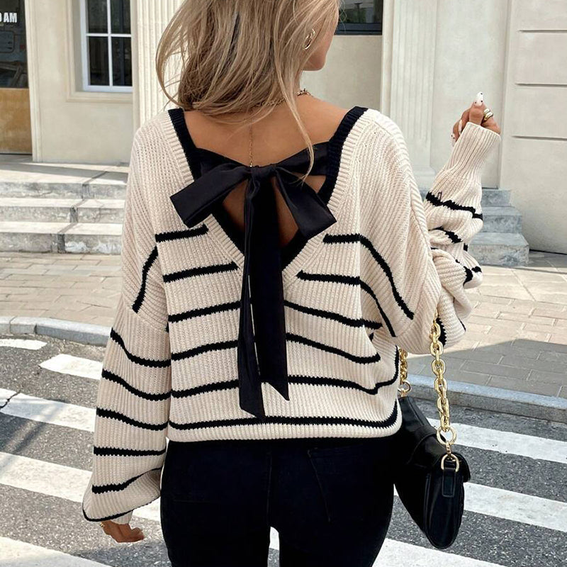 Women’s Striped V-Neck Sweater with Back Bow