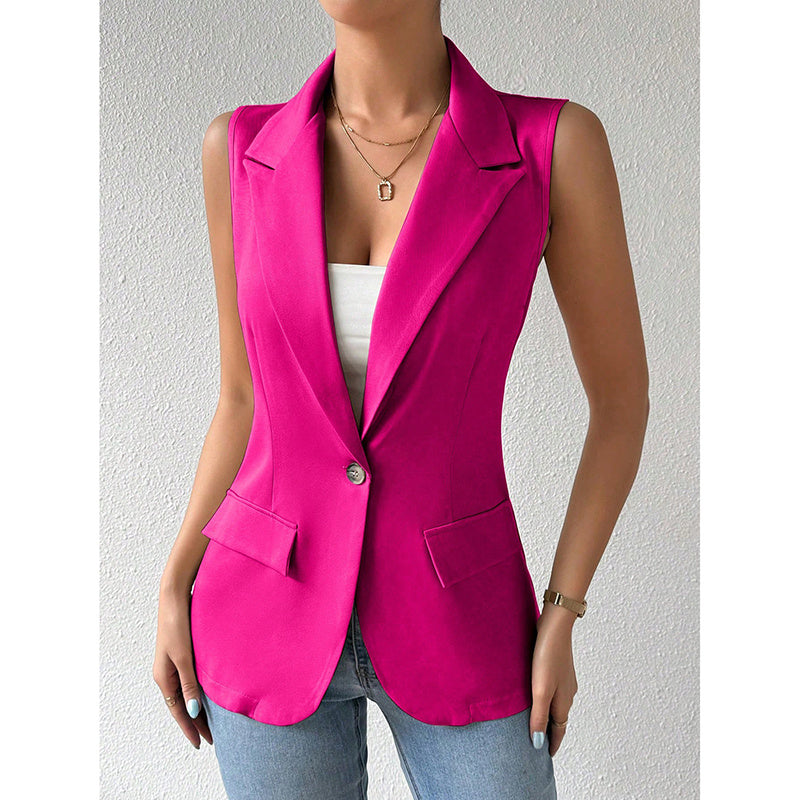 Women's Sleeveless Vest Blazer Casual Open Front Work Office Tops Jacket in vibrant pink, tailored fit and chic design.