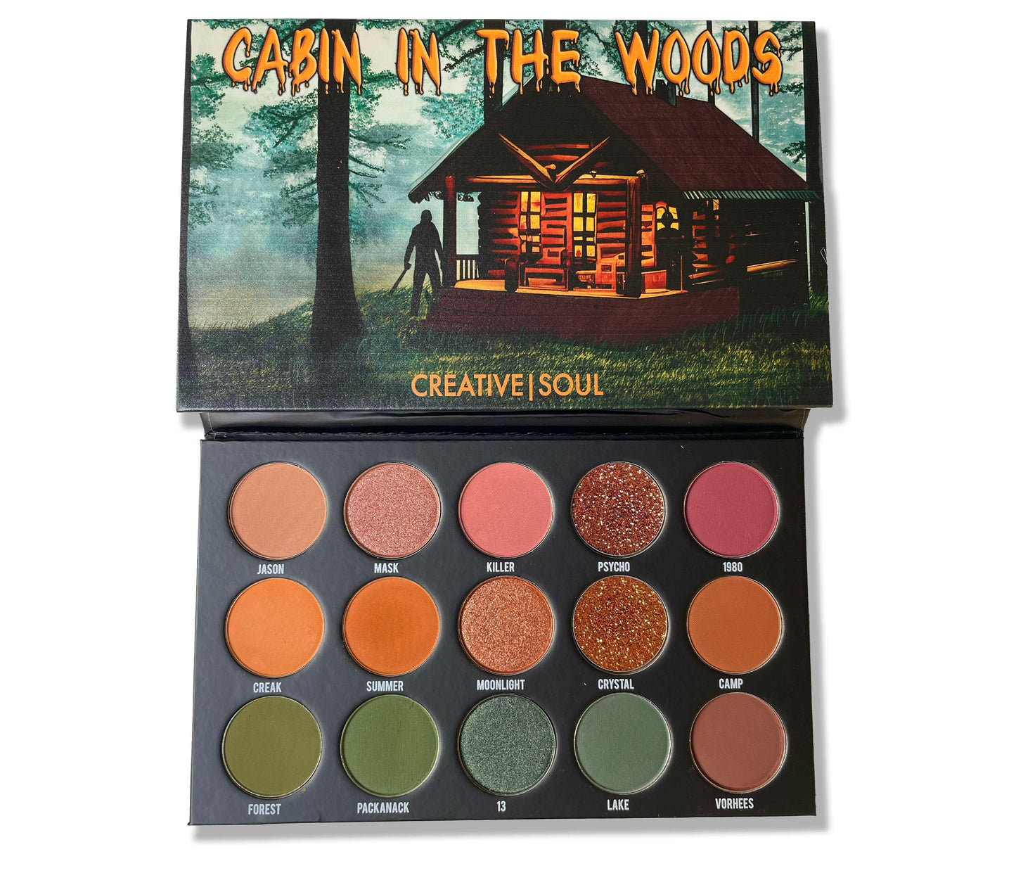 Cabin In The Woods Eyeshadow Palette featuring 80s slasher film-inspired shades in mauves, pinks, oranges, greens.