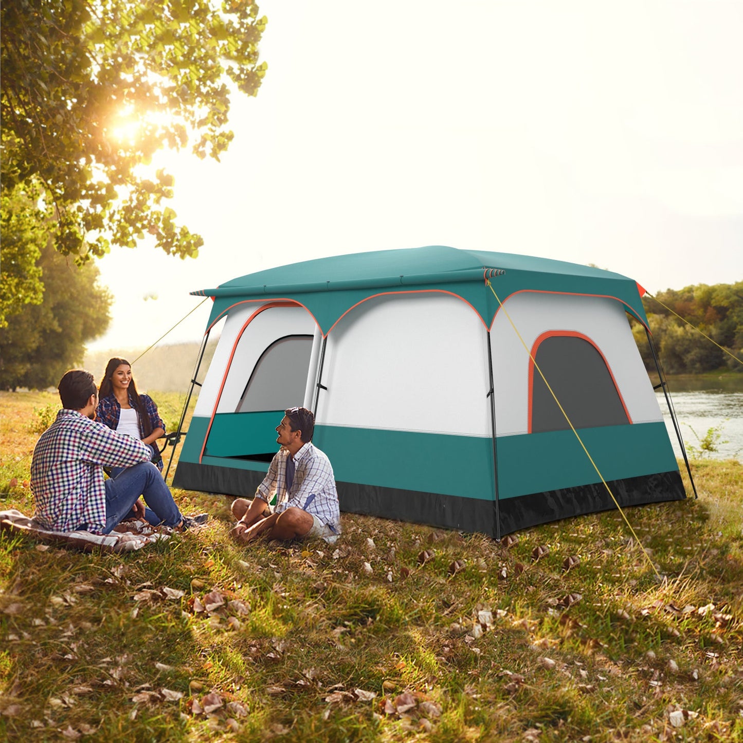 6-8 Person Camping Tent with Double Rooms and 2 Doors-Green pitched near a group of people relaxing by a riverside during sunset