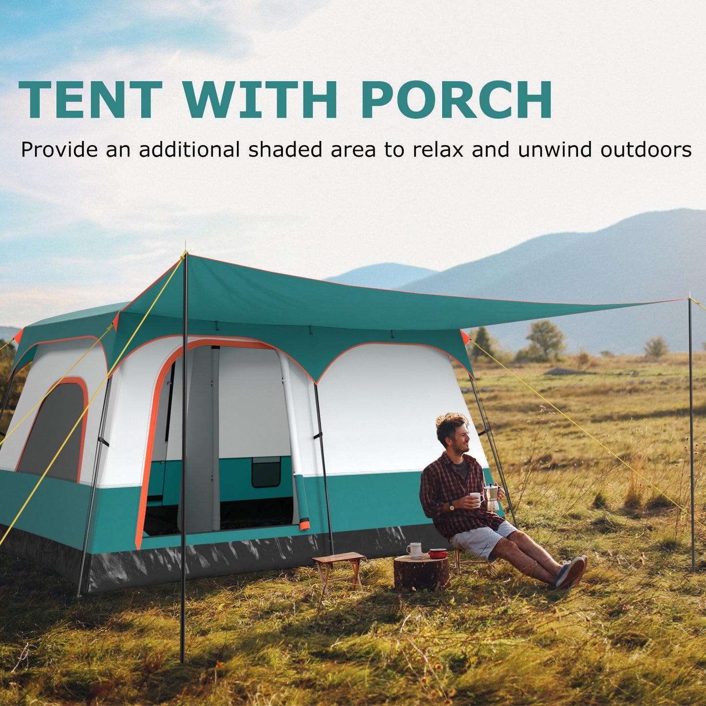 6-8 Person Camping Tent with Double Rooms and 2 Doors-Green, featuring a porch for outdoor relaxation in nature