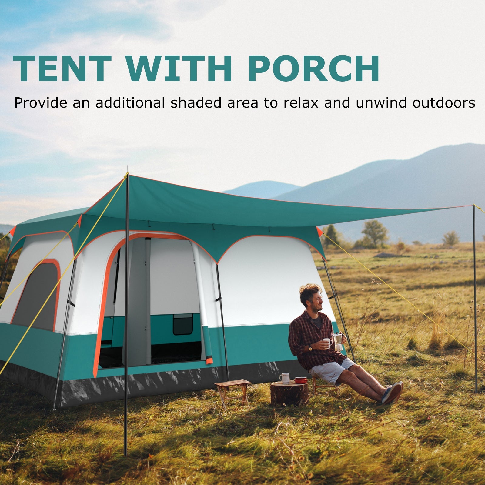 6-8 Person Camping Tent with Double Rooms and 2 Doors-Green, featuring a porch for outdoor relaxation in nature