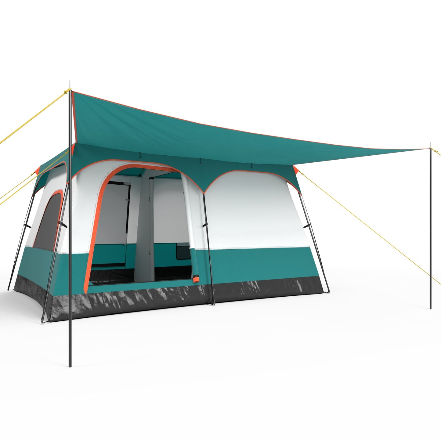 6-8 Person Camping Tent with Double Rooms and 2 Doors-Green with porch and mesh top for outdoor relaxation.
