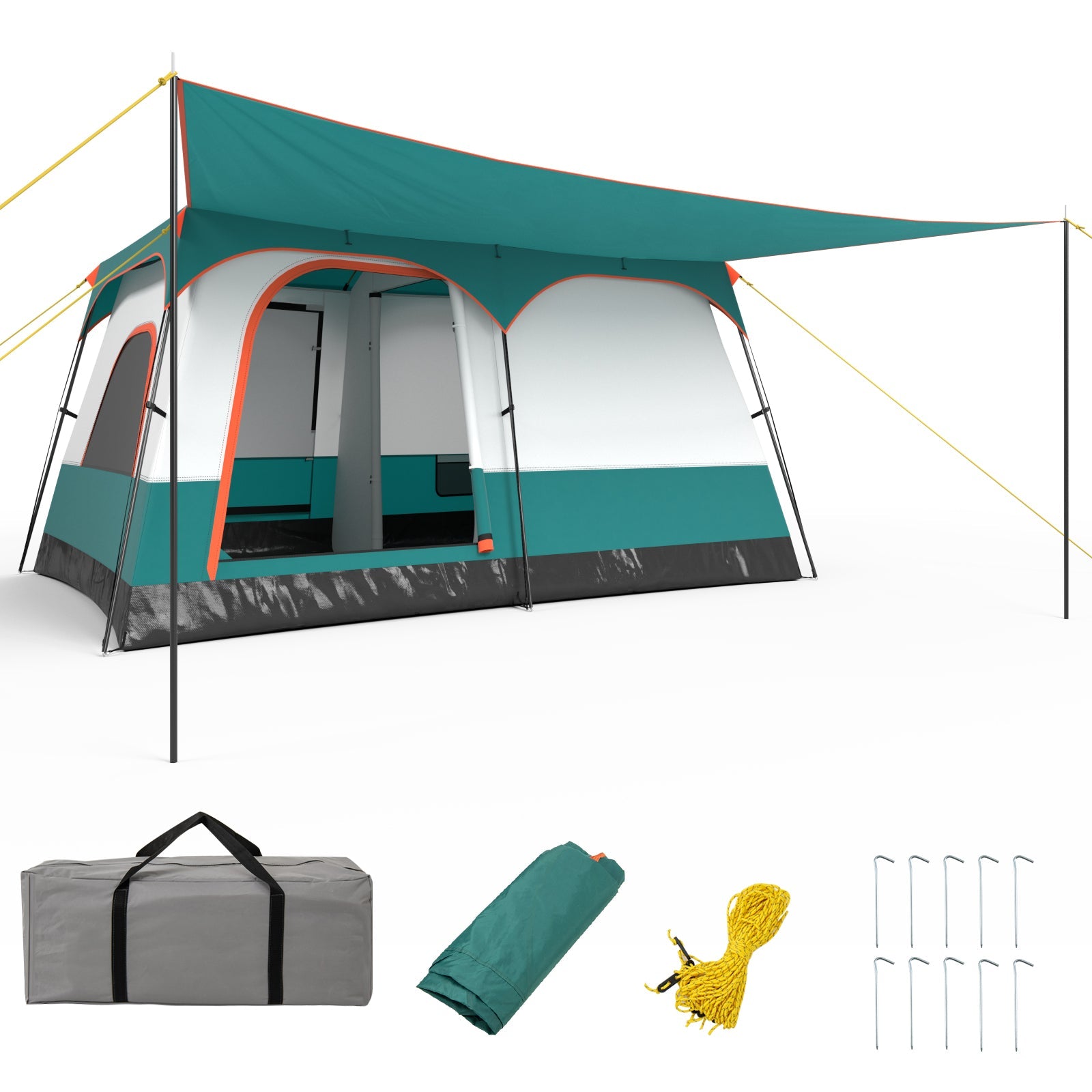 6-8 Person Camping Tent with Double Rooms and 2 Doors-Green, mesh windows, porch for shade, and stargazing top with accessories shown