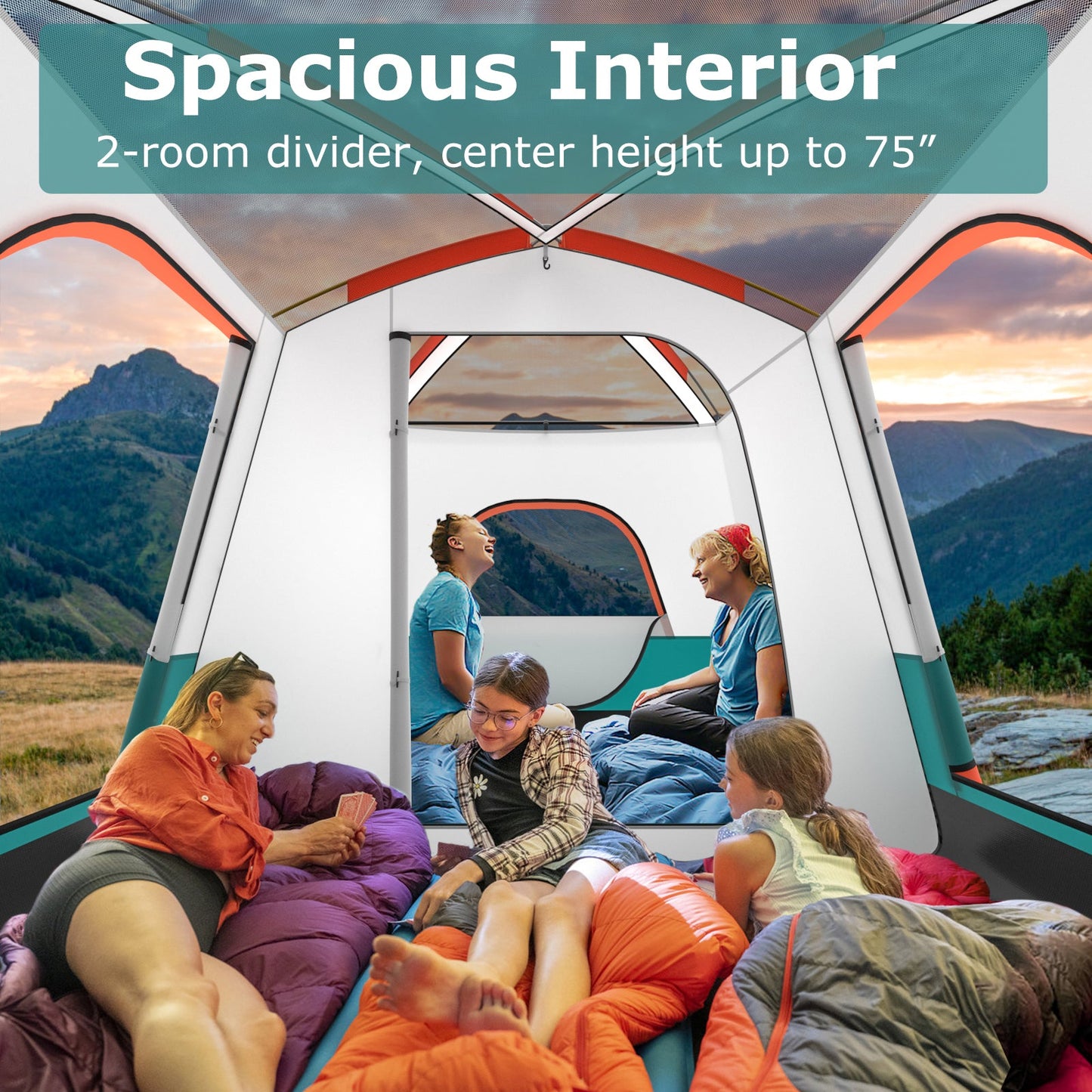 Interior view of a 6-8 Person Camping Tent with Double Rooms and 2 Doors-Green, showing a spacious interior with people relaxing.