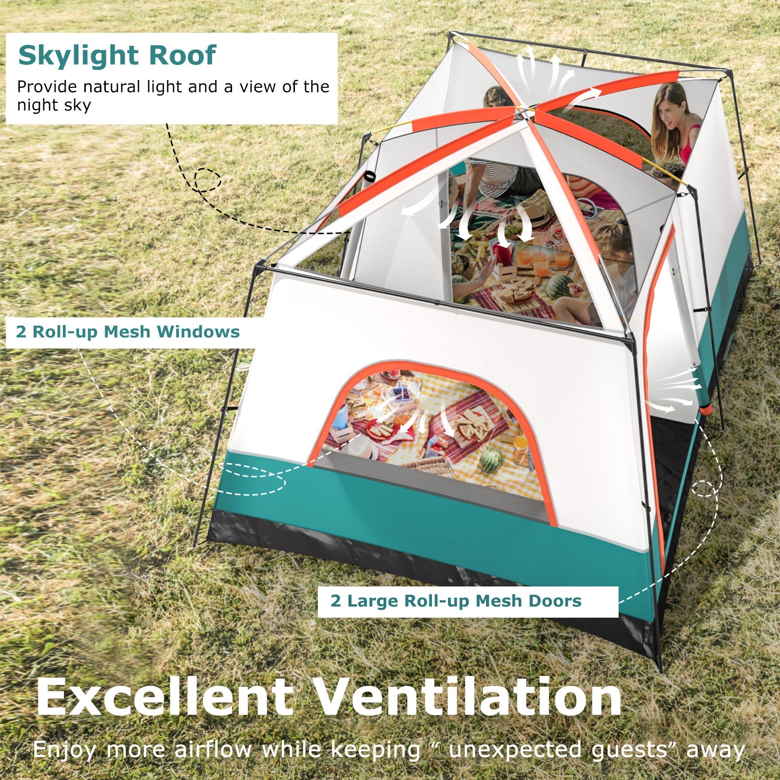 6-8 Person Camping Tent with Double Rooms and 2 Doors-Green showcasing mesh windows, doors, and skylight roof for ventilation.