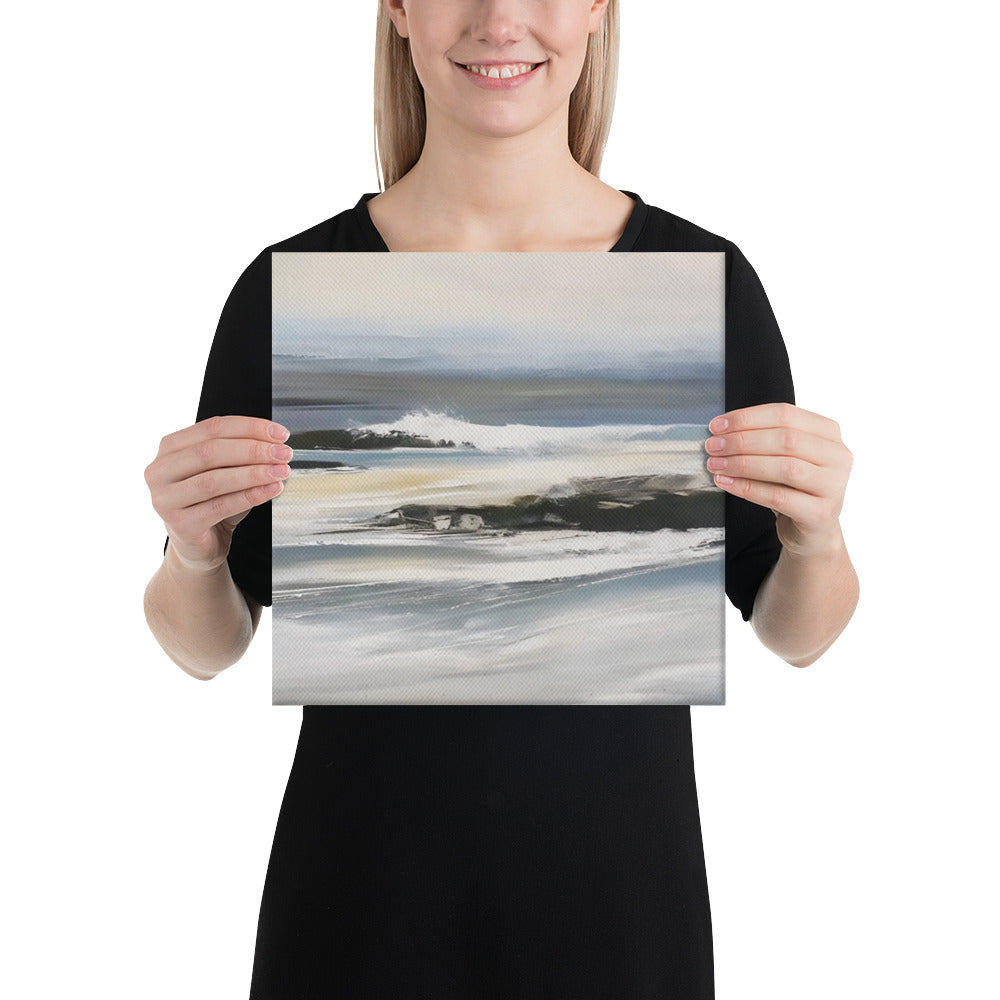 Woman holding a canvas print of Ocean Waves Crashing on Rocks, showcasing a stunning coastal scene with vivid colors and intricate details.