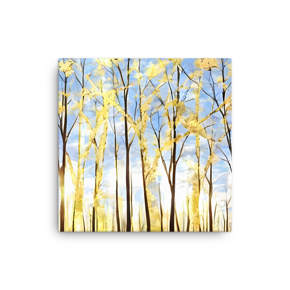 Golden Forest Canvas Print featuring serene golden trees, blue sky, and birds for home or office décor.