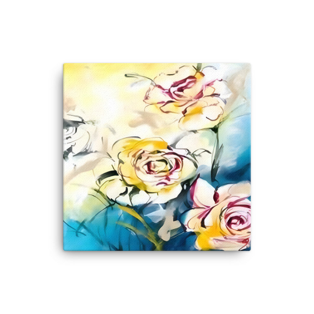 Colorful Trio wall art canvas with vibrant white, red, and yellow flowers on a blue background.
