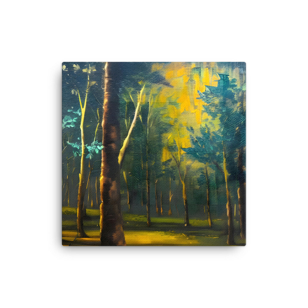 Serene Green Forest canvas print with vibrant green, yellow, and blue brushstrokes depicting a tranquil forest scene.