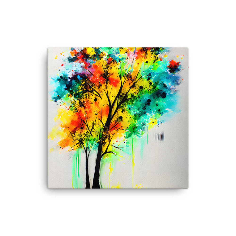 Rainbow Tree of Life canvas print with vibrant multicolor tree art, featuring yellows, oranges, greens, black, pink, red, purple, and blues.