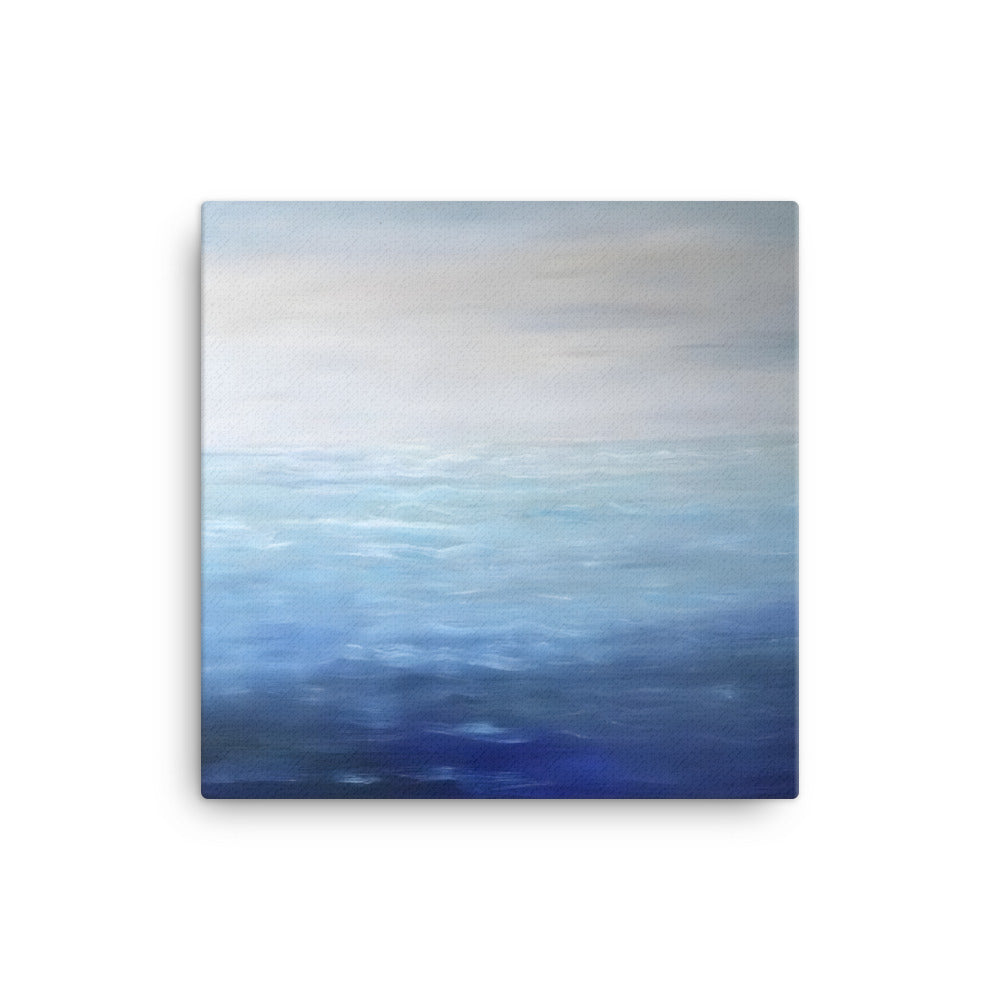 Finding Peace with the Ocean canvas print featuring a serene blue and white ocean scene on a square wall art piece.