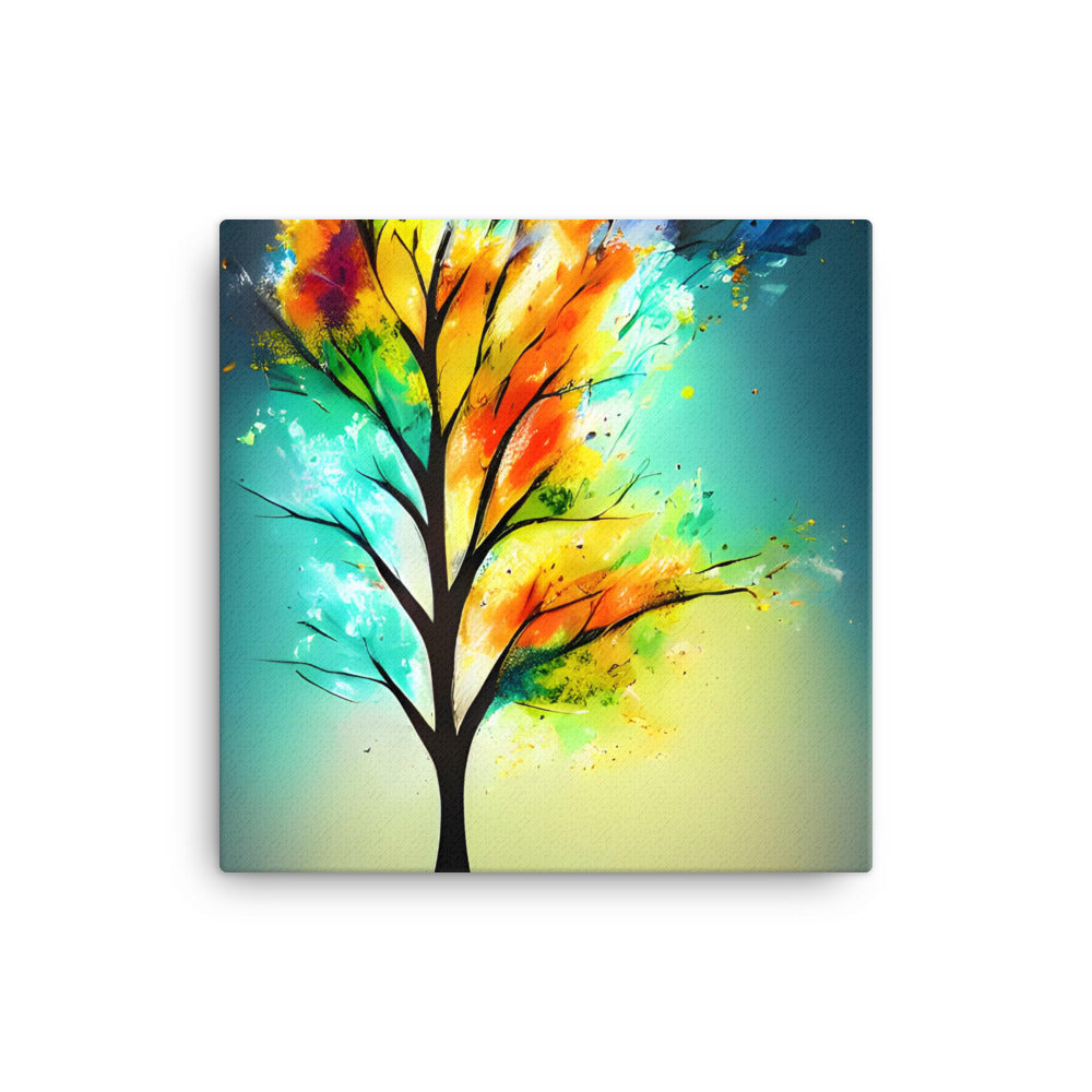 Magic Rainbow Tree Of Life canvas print with vibrant multicolor leaves, showcasing shades of yellow, orange, green, pink, and blue.
