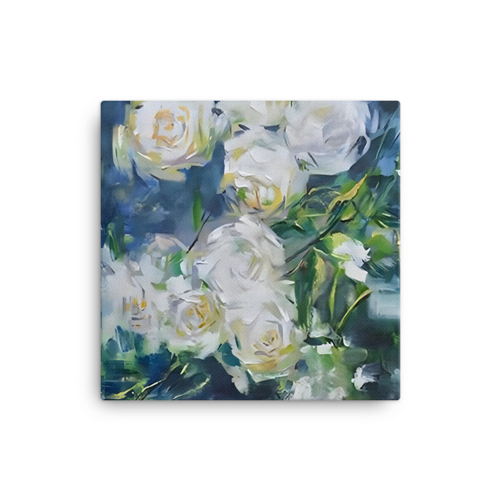 Light in Spines canvas print with white roses and blue-green background